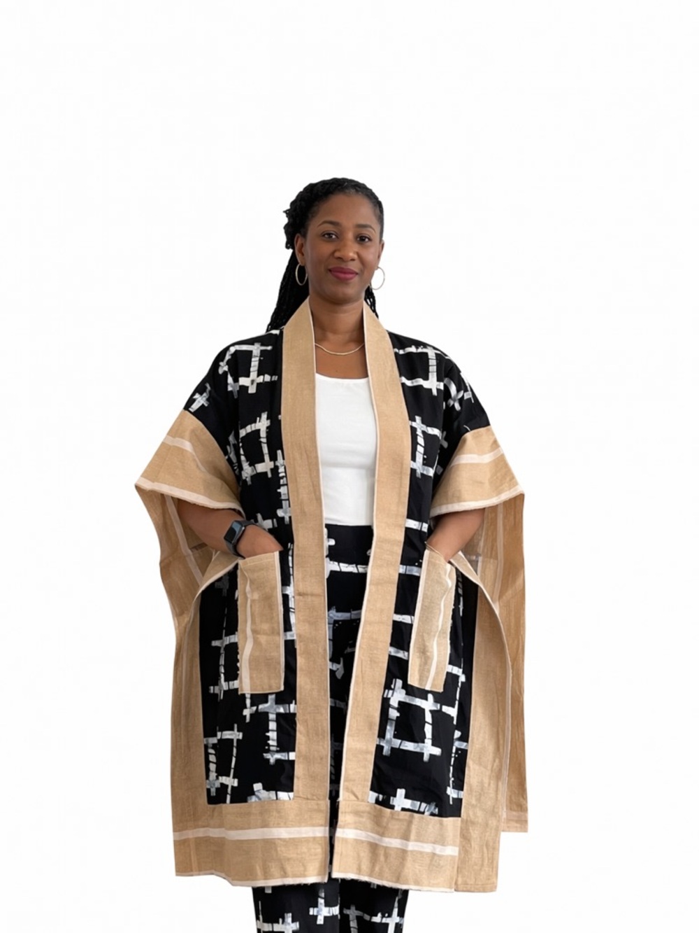 Black & tan African tie dye and African hand woven (aso oke) kimono set